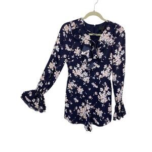 Intermix Silk Romper size 2 Thali Floral Navy Balloon Sleeve V-neck Romantic